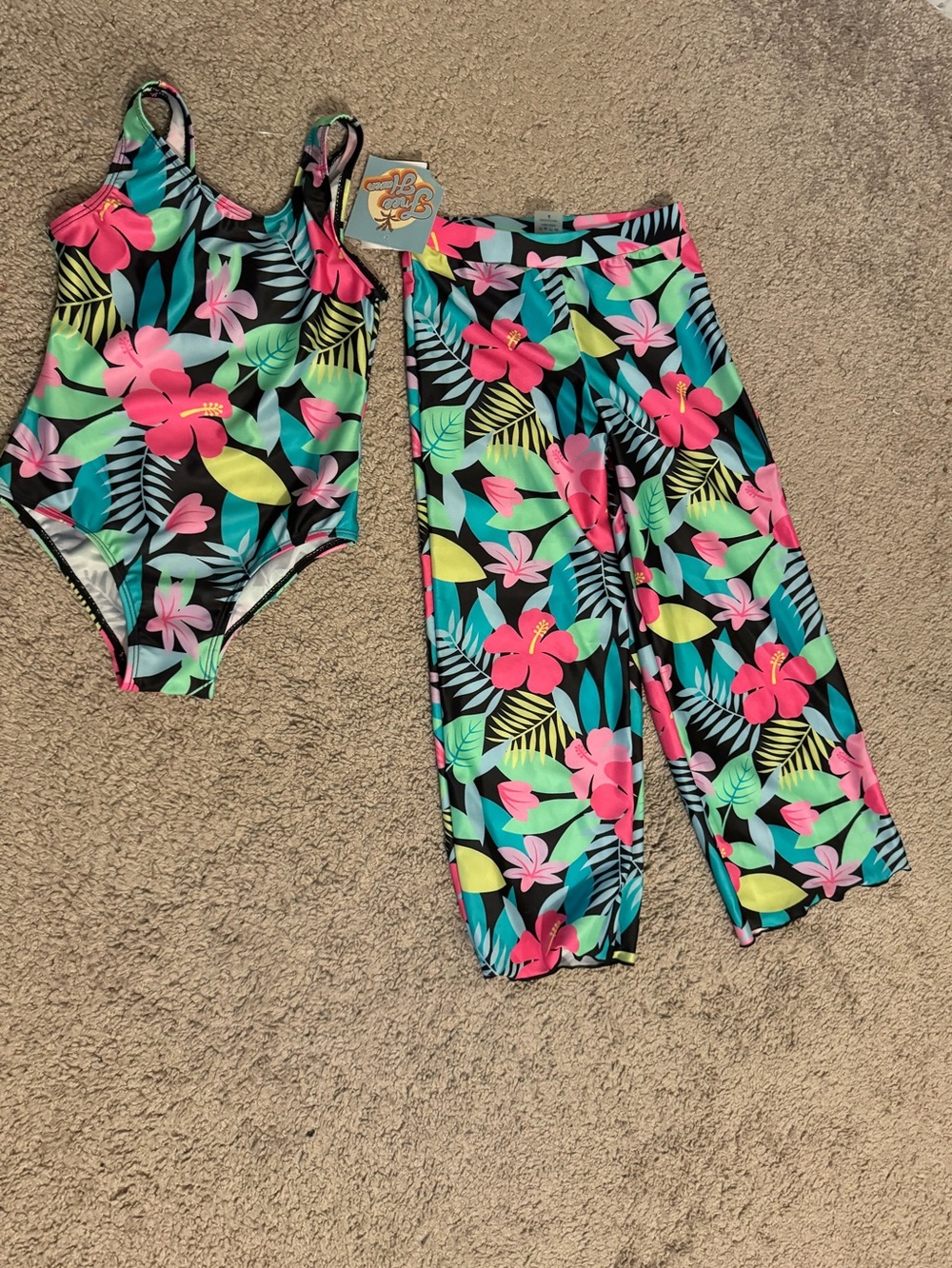 Cute Free Haven girls size 4 floral print one piece swim suit cover up pants set